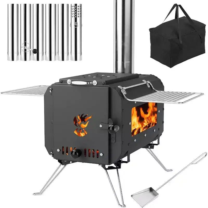 Cast Iron Wood-Burning Camping Stove, Compact Tent Stove with Chimney & Viewing Window for Ice Fishing, Hiking, Travel & Outdoor Cooking