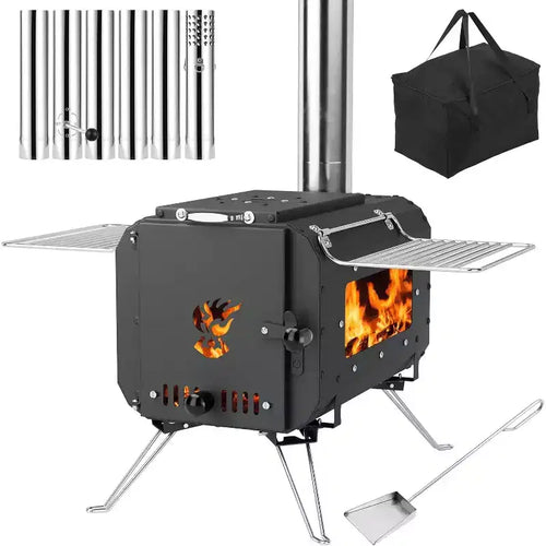 Cast Iron Wood-Burning Camping Stove, Compact Tent Stove with Chimney & Viewing Window for Ice Fishing, Hiking, Travel & Outdoor Cooking