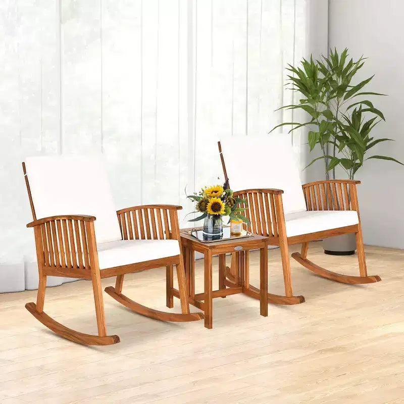 Bistro basculant en bois d'acacia avec table basse et coussins pour pelouse