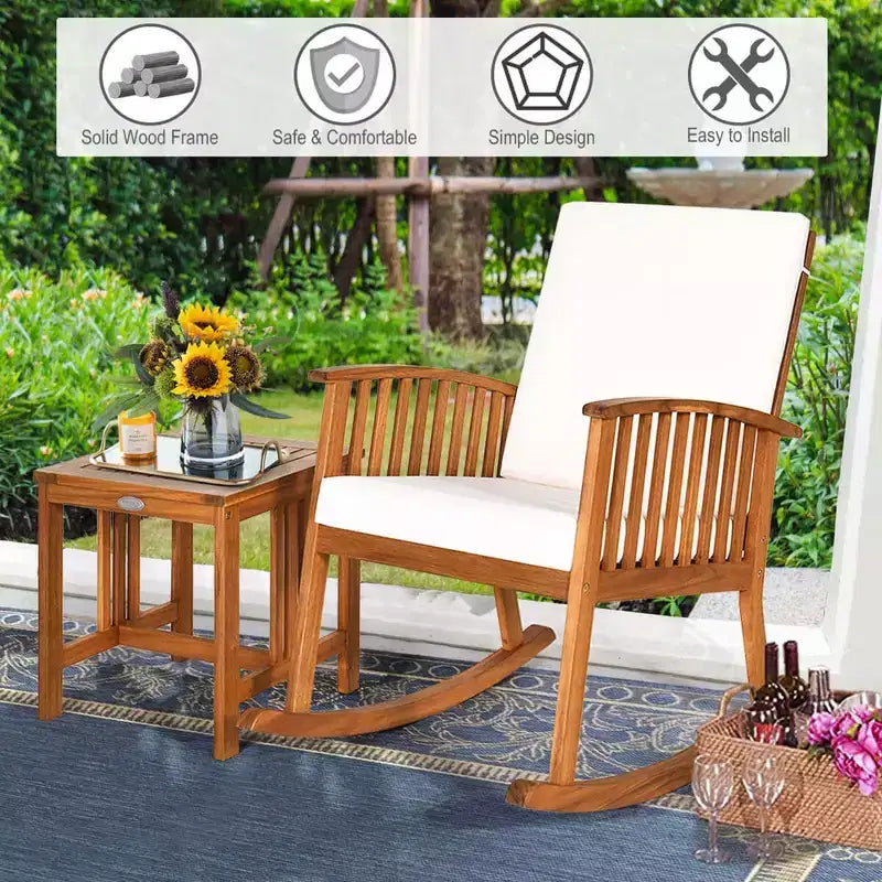 Bistro basculant en bois d'acacia avec table basse et coussins pour pelouse