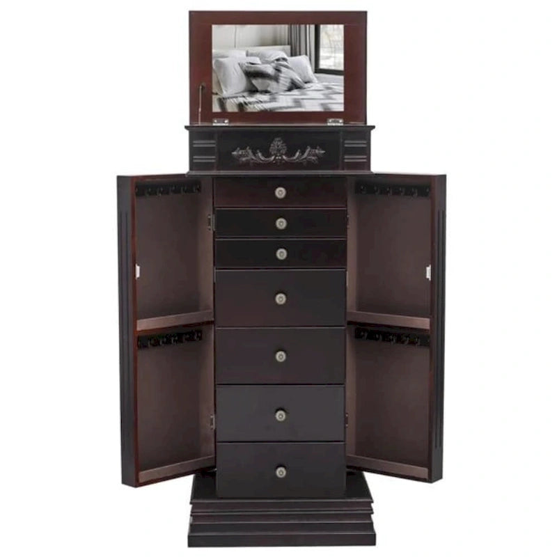 Stylish Jewelry Armoire with Mirror and Necklace Hooks - 18.5 x 12 x 42