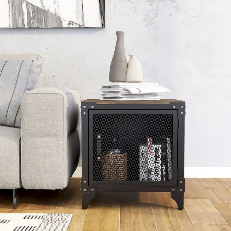Table basse et table d'appoint rustiques en noyer foncé et acier, avec rangement