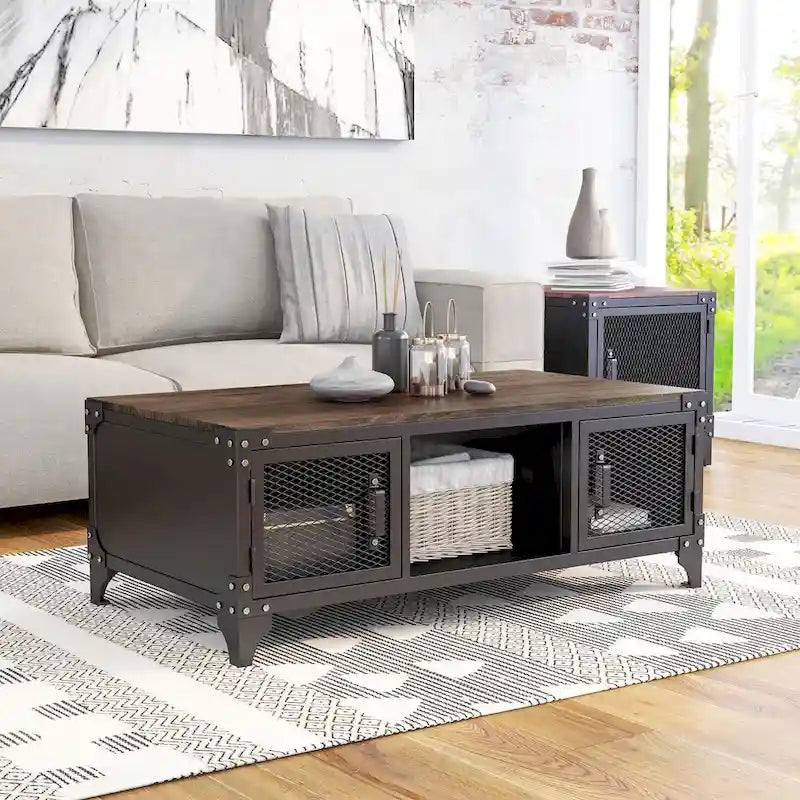 Table basse et table d'appoint rustiques en noyer foncé et acier, avec rangement