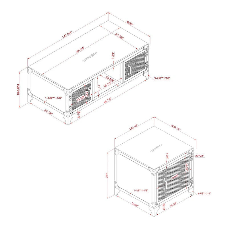 Table basse et table d'appoint rustiques en noyer foncé et acier, avec rangement