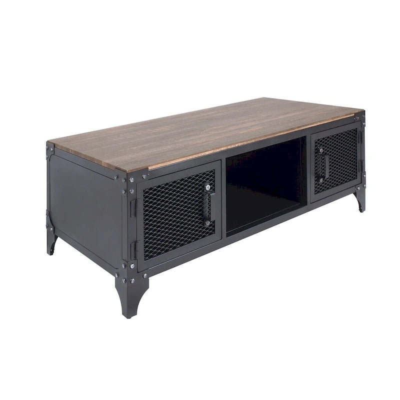 Table basse et table d'appoint rustiques en noyer foncé et acier, avec rangement