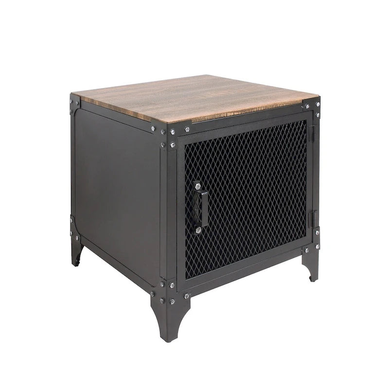 Table basse et table d'appoint rustiques en noyer foncé et acier, avec rangement