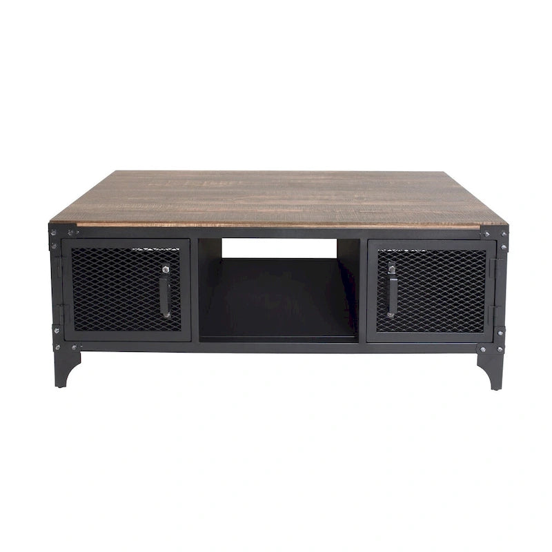Table basse et table d'appoint rustiques en noyer foncé et acier, avec rangement