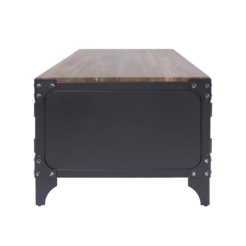 Table basse et table d'appoint rustiques en noyer foncé et acier, avec rangement