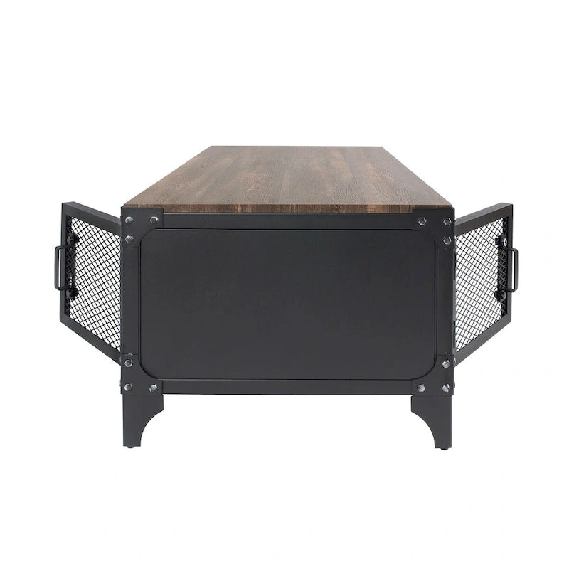 Table basse et table d'appoint rustiques en noyer foncé et acier, avec rangement
