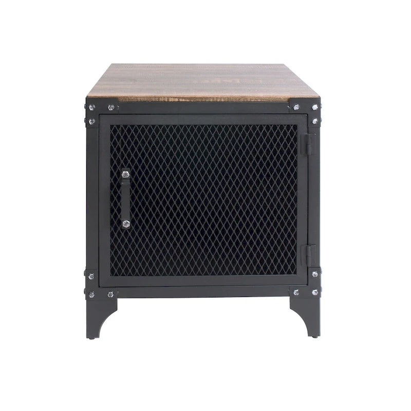 Table basse et table d'appoint rustiques en noyer foncé et acier, avec rangement