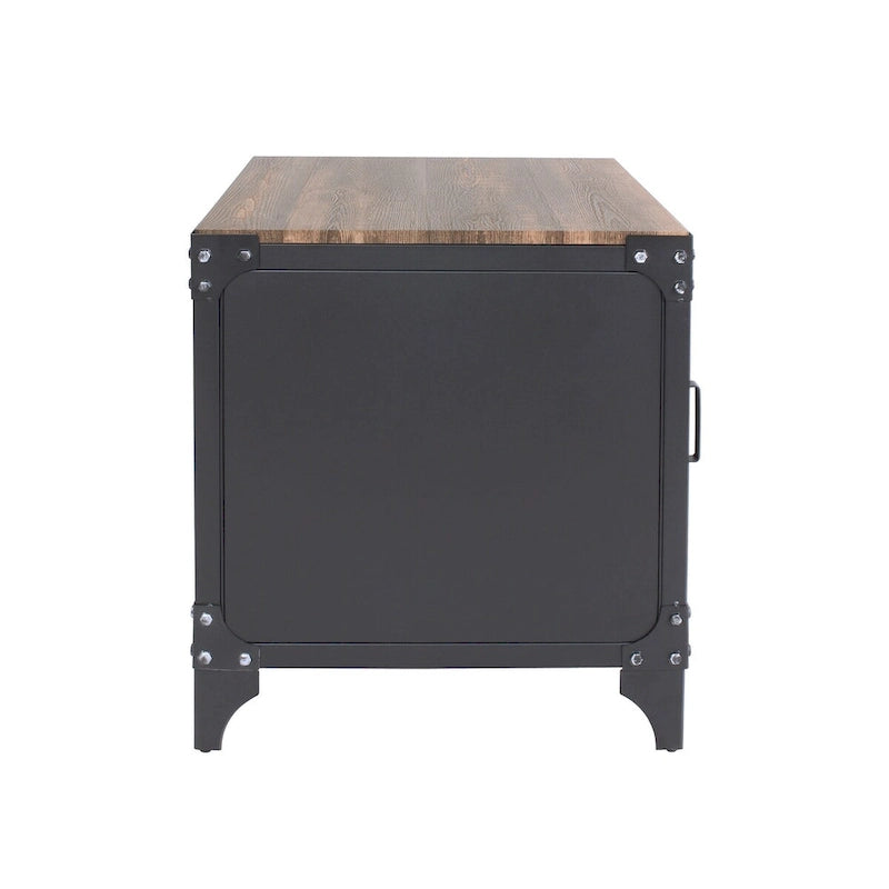 Table basse et table d'appoint rustiques en noyer foncé et acier, avec rangement